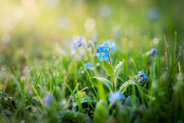 Blue flowers with dew drops in the grass, nature photography 