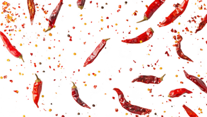 A arrangement of dried red chili peppers scattered on a clean white surface. their rich colors and textures. ideal for culinary or food-related projects