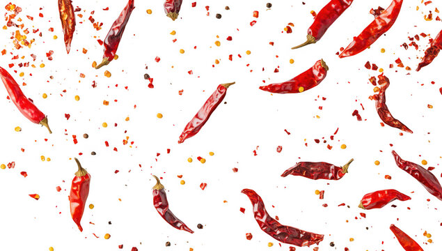 A arrangement of dried red chili peppers scattered on a clean white surface. their rich colors and textures. ideal for culinary or food-related projects