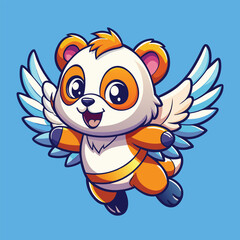 Obraz premium Adorable chibi flying panda with angel wings, bright orange and white colors, and a joyful expression. Perfect for stickers, logos, digital art, or kawaii cartoon designs.