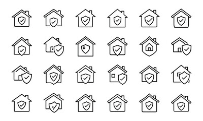 Home Insurance Line Icons Set – Property Protection, Financial Security, House Fire and Flood Risk, Mortgage Coverage, Business Insurance, Banking Security, Investment Protection, Real Estate Safety, 