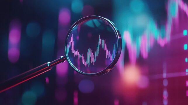 A magnifying glass over a line graph showing stock trends, symbolizing the analysis of business finance, on blurred background