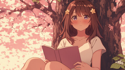 Explore the Serenity of a Young Girl Reading Beneath Cherry Blossoms: A Dreamy Lifestyle Moment Captured in Nature's Embrace