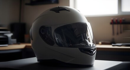 Fototapeta premium Helm Motorcycle Generic motion blur feel in garage low contrast