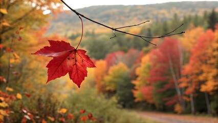 Lone bright red maple leaf hangs from thin branch autumn forest background fall