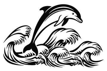 Cartoon Dolphin Jumping, Black Outline, Cute Eyes, Black Sea Waves, on White