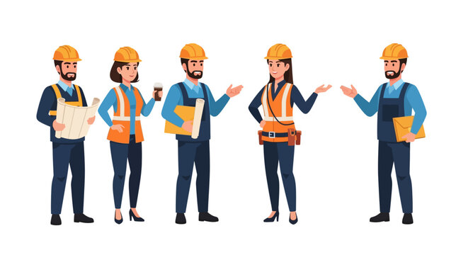 A group of diverse construction workers, discussing blueprints and plans, in a professional setting.