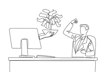 Single one line drawing hands out of the monitor screen while holding a money tree with leaves made of banknotes. Investment benefits. Things from Screen. Continuous line design graphic illustration