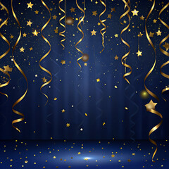 Naklejka premium Deep navy background with metallic gold streamers and sparkles, luxury birthday backdrop.