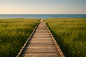Fototapeta premium Wooden Pathway Leading to Horizon by the Sea