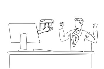 Continuous one line drawing hands out of the monitor screen while holding a treasure chest. Doing antique business. Maximum profit. Things from Screen. Single line draw design vector illustration