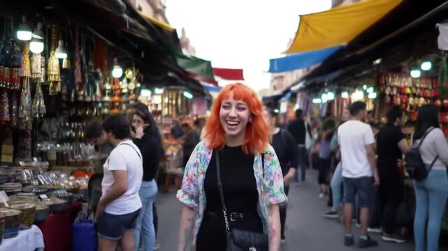 Vibrant Red-Haired Woman Walks Through Busy Outdoor Market with Lively Atmosphere