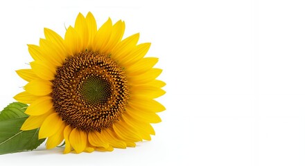 Fototapeta premium Close-up of a vibrant yellow sunflower on white background, perfect for summer designs and greeting cards.