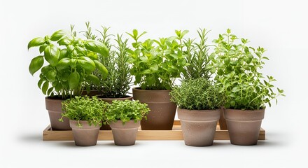 Fototapeta premium Collection of potted herbs on a wooden tray, fresh aromatic plants, gardening, kitchen herbs, culinary herbs, healthy food, home gardening, indoor plants, spring, summer, botanical, nature, green