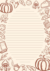 Printable autumn themed note paper with lines. Vector illustration note paper for journaling, writing, and seasonal stationery