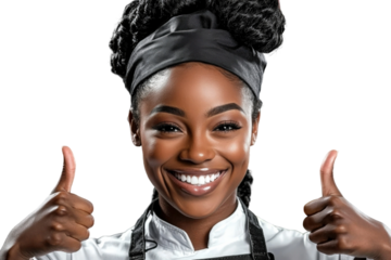 Joyful chef with thumbs up in professional kitchen attire showcasing happiness and confidence in culinary art and food preparation