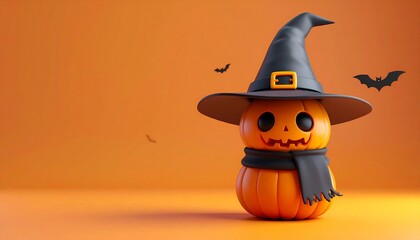 Cute 3D jack-o'-lantern pumpkin character wearing a witch hat and scarf on a festive orange Halloween background with bats