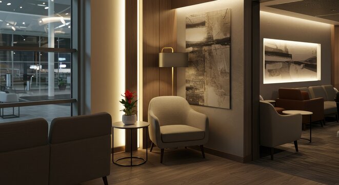 Elegant modern lounge area with comfortable seating, warm lighting, and abstract art, perfect for business waiting rooms or airport lounges creating a serene atmosphere.
