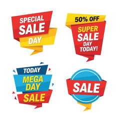 Colorful graphic design banners and labels for sales and promotions, featuring messages like 'Special Sale Day,' '50% Off,' 'Mega Day Sale,' and 'Sale' for marketing.