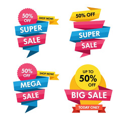 Four colorful sale banners with different text and ribbon styles.