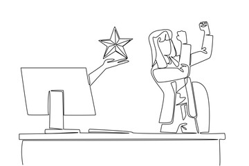 Single continuous line drawing hands out of the monitor screen while holding a star shape. Public satisfaction is the joy of the expert. Rating. Things from Screen. One line design vector illustration