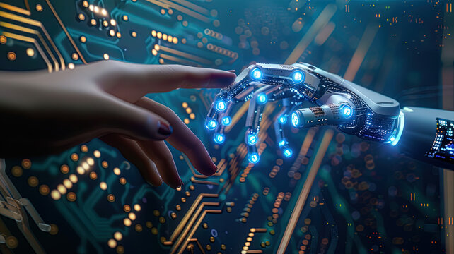 Human and robot fingers meeting amicably amidst a background of glowing microchips, illustrating the positive future of human and machine collaboration in the workplace.