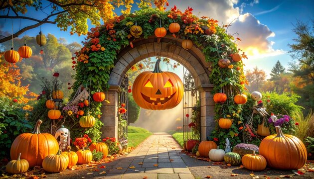 A magical stone archway decorated with glowing Jack-o'-lanterns and pumpkins for a festive Halloween celebration in an autumn garden