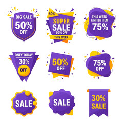 Collection of purple and yellow sale badges and stickers with various discounts.