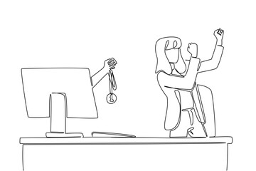 Single one line drawing hands out of the monitor screen while holding a medal. Confirmation from fellow businesswomen. Award. Happiness. Things from Screen. Continuous line design graphic illustration