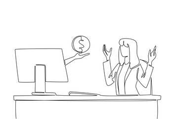 Continuous one line drawing hands out of monitor screen while holds penny. Ease of doing business while making profitable investments. Things from Screen. Single line draw design vector illustration