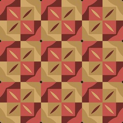 A seamless geometric pattern with colorful triangles and retro-style shapes creates a mosaic illustration for a decorative textile backdrop