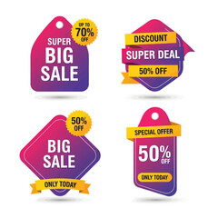 Promotional sale tags with various discounts and offers, perfect for advertising and marketing campaigns.