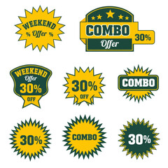 Collection of discount stickers with weekend and combo offers.