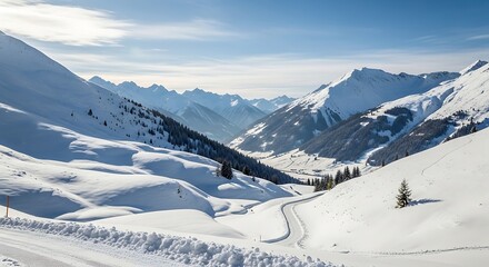 Snowy Mountain Landscape with Winding Road.