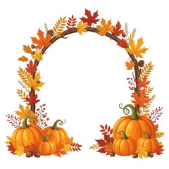 Autumn arch frame with vibrant fall leaves, pumpkins, berries, and acorns, creating a festive harvest border.