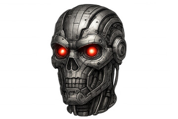 Metallic cyborg skull featuring glowing crimson eyes, exposed wiring, intricate mechanical components against transparent backdrop