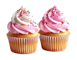 Two frosted cupcakes, light and dark pink icing, white swirls, colorful sprinkles