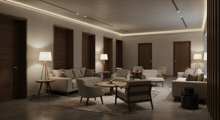 Experience modern sophistication in this inviting contemporary lounge, perfect for upscale hotel lobbies, corporate waiting areas, or elegant residential spaces seeking comfort and style.
