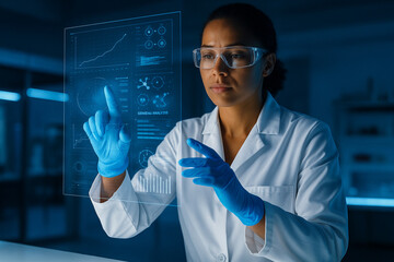 AI generated female scientist in lab coat with gloves interacting with transparent holographic screen displaying scientific data technology research and innovation in modern laboratory