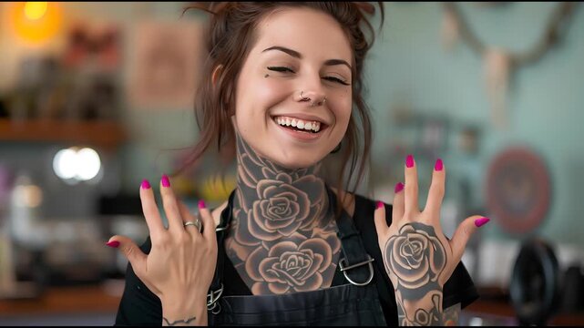 mujer tatuada sonriente ense&ntilde;ando sus u&ntilde;as