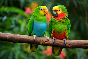 A vibrant pair of colorful blue and yellow macaw parrots perch on a branch in tropical nature