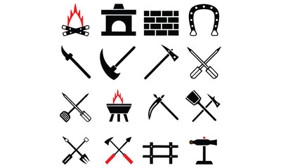 Blacksmith Tools Icons Pack – Hammers, Anvils, Forges, Horseshoes & Metalworking Symbols