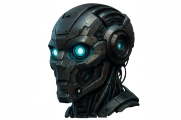 Robot head with glowing blue eyes showcasing advanced ai technology, against a transparent background