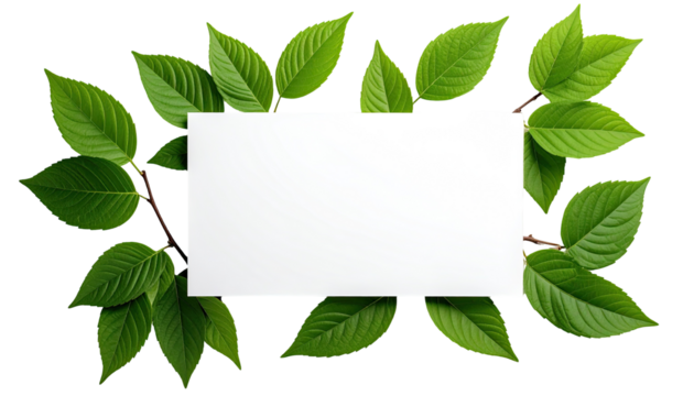 Blank white rectangle framed by vibrant green leaves and branches