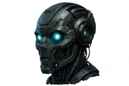 Robot head with glowing blue eyes showcasing advanced ai technology, against a transparent background