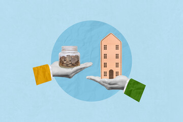 Buying or selling housing, real estate market, home and insurance concept. Creative art collage of a man is buying a condo from another man with cash