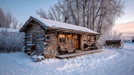Rural log cabin in snowy landscape with horse carriage and winter garden at cozy lakeside resort at sunset