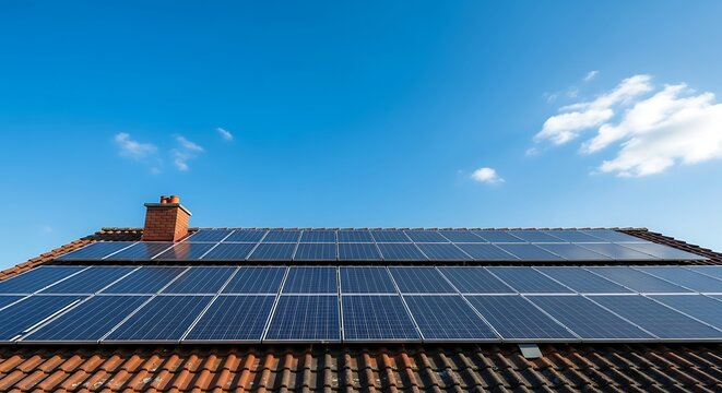 Solar Panels on a Rooftop Under a Bright Blue Sky.