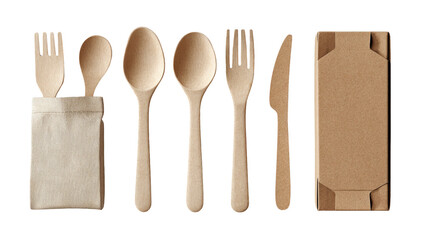 Eco-friendly disposable cutlery set in a cloth pouch, next to a cardboard takeout container