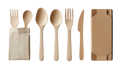 Eco-friendly disposable cutlery set in a cloth pouch, next to a cardboard takeout container